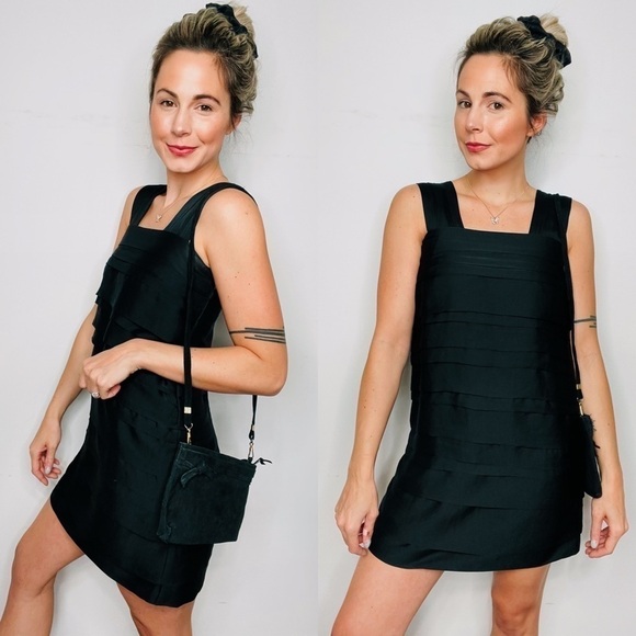 💫 Tiered Satin Little Black Cocktail Dress - Picture 1 of 6